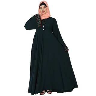 Fashionable Umbrella abaya with embroidery work -Bottle Green